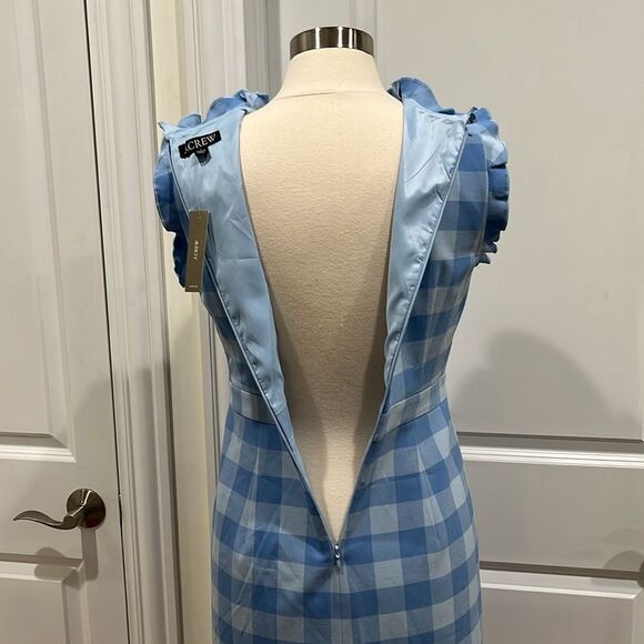 New! J. Crew Ruffle-trim sheath dress in gingham stretch crepe Blue Size 4 NWT - Picture 8 of 16